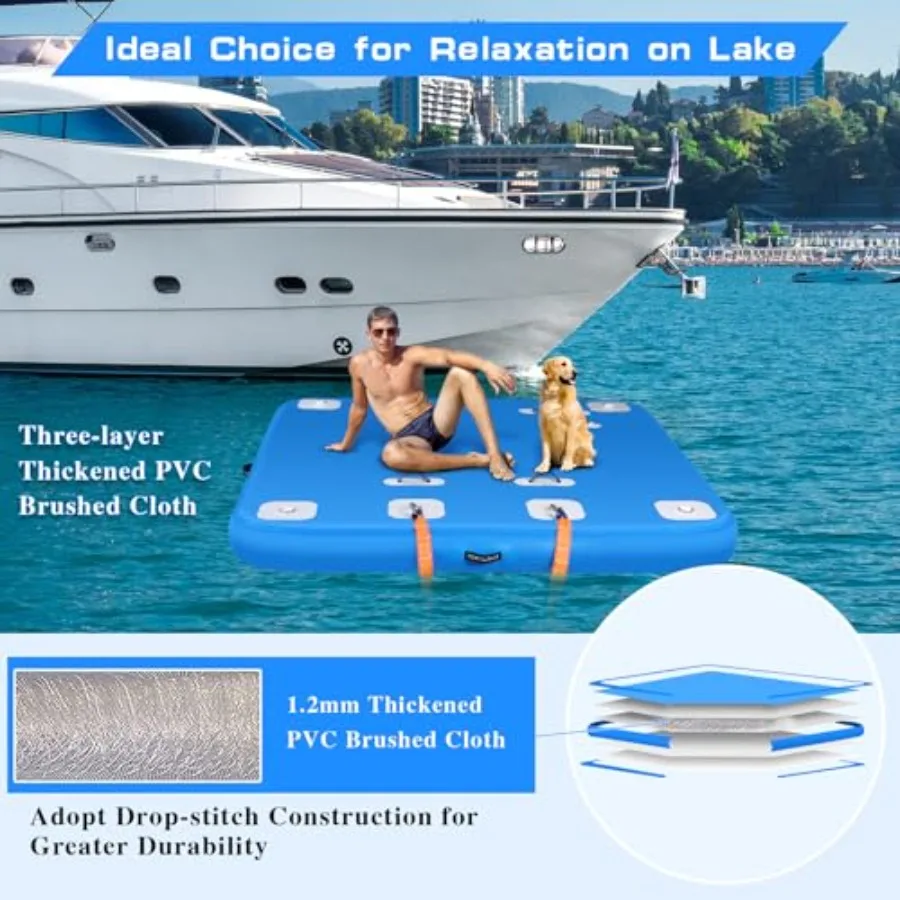 Nadmuchiwana platforma pływająca, duża mata powietrzna, nadmuchiwana podkładka wodna z antypoślizgową powierzchnią do jeziora, basenu, plaży, oceanu, niebieska