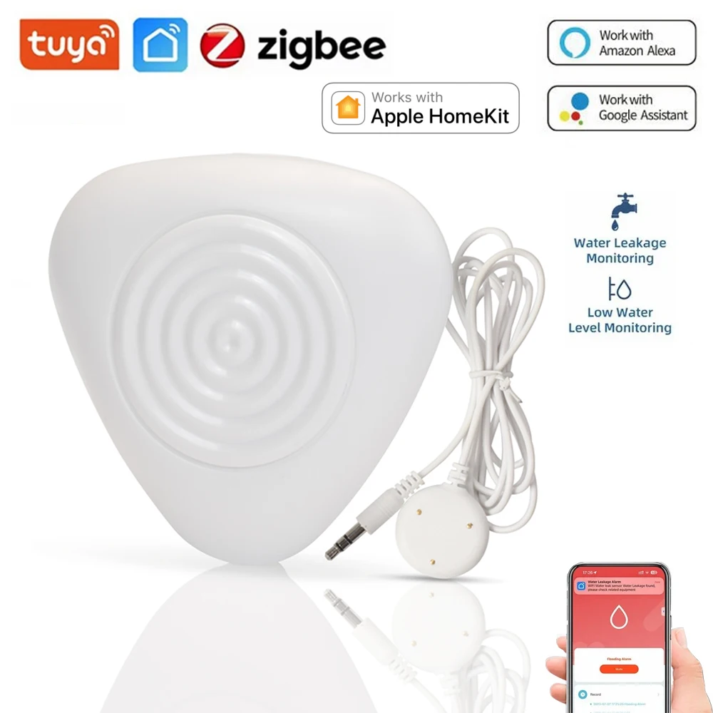 Sensor de fugas de agua Tuya ZigBee, Detector inteligente de fugas, alerta de hogar inteligente, sistema de seguridad de desbordamiento, funciona con Homekit, Alexa, Tuyasmart