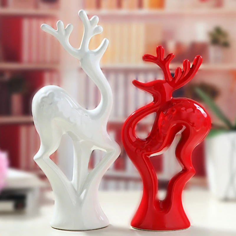 Couple's Plum Blossom Deer Ceramic Handicrafts/Creative Home Decor/Fashion Wedding Gifts/Underglaze Arts Home Accessories