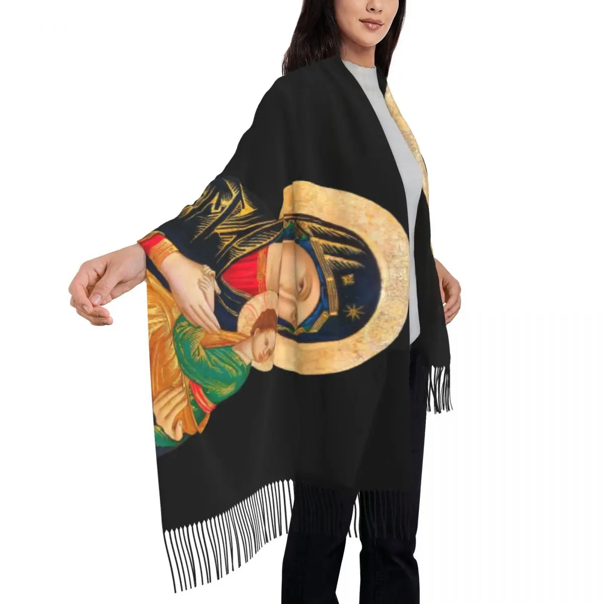 Luxury Our Lady Of Perpetual Help Tassel Scarf Women Winter Warm Shawl Wrap Lady Catholic Virgin Mary Scarves