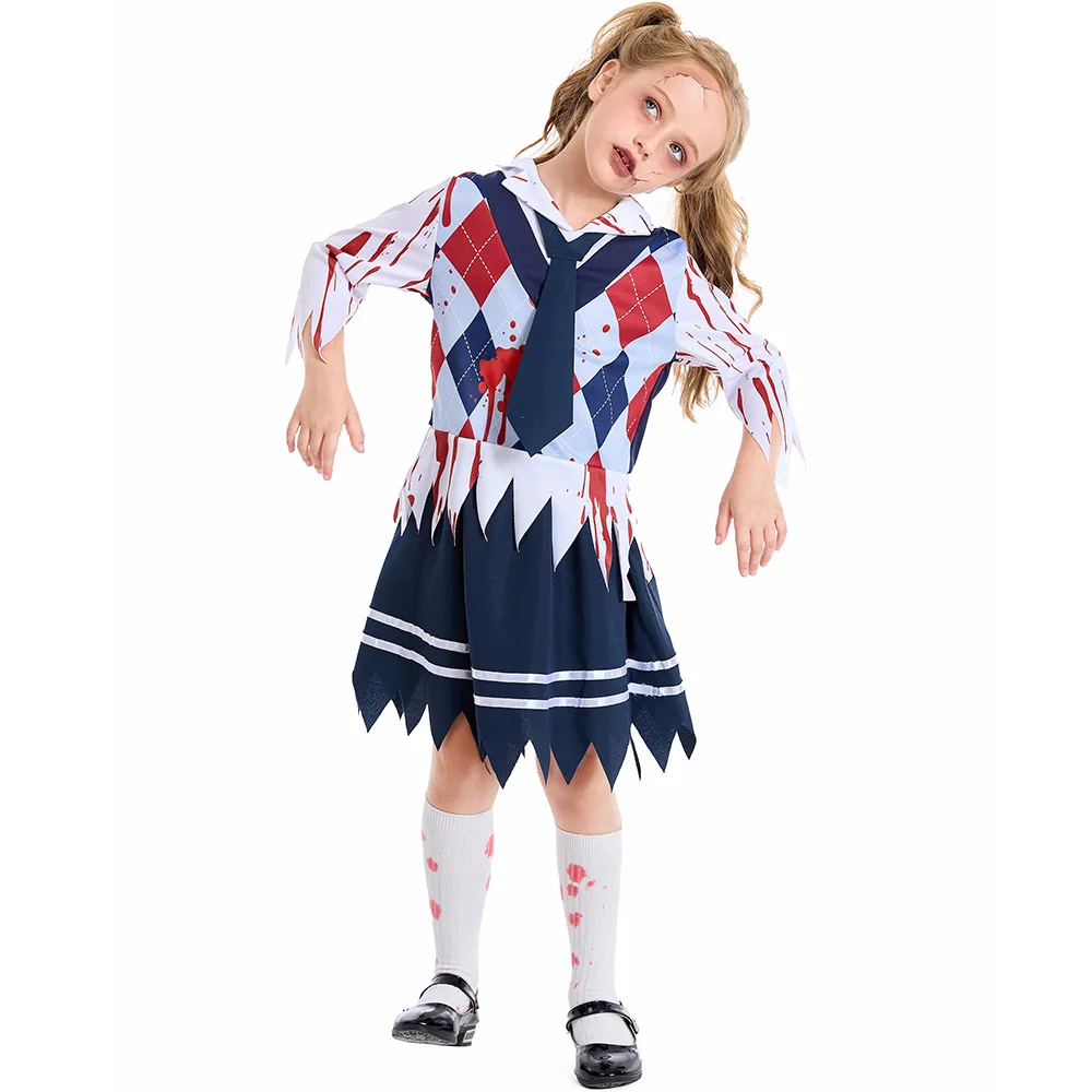 Bloodstained Student School Uniform Set for Women and Girls Halloween Cosplay Costume Scary Bloody Zombie Dress Vampire Costume