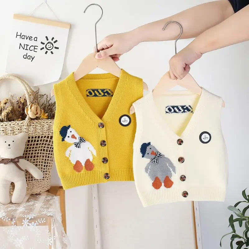 3 Colors Autumn Baby Girls Knit Vest Kids Cute Cartoon Duck Cardigan Fashion Sweater Vest for Boys 2-6Y