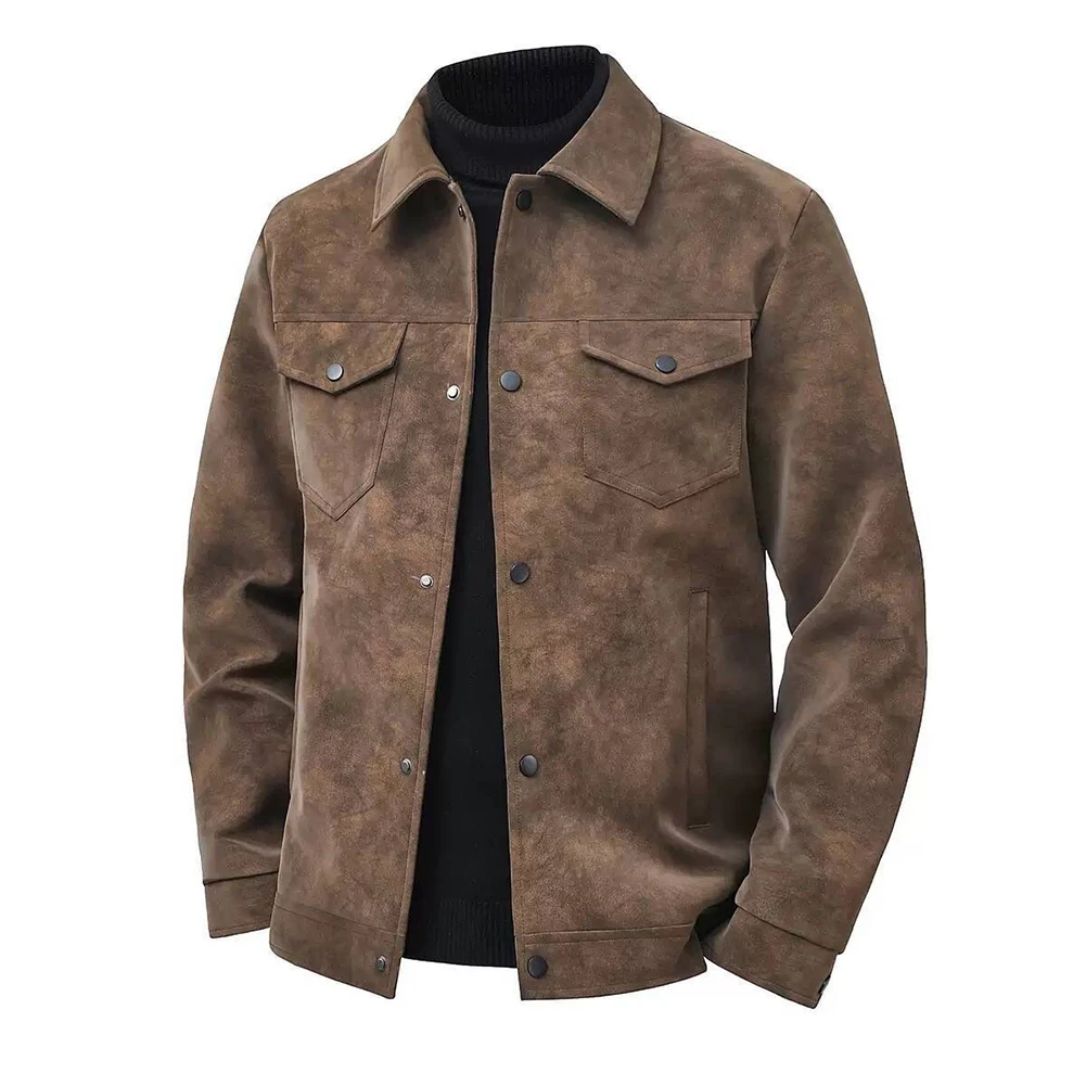 Tie Dye Retro Jacket for Men Using Imitation Leather Material with Loose Fit Lapel Collar and Functional Cargo Pockets