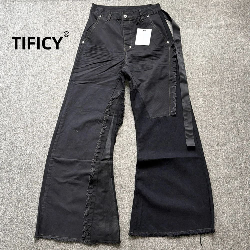 High Street RO Style Denim Pants Spliced Pants Men's Ruffled Rough Edge Loose Floor Mopping Wide Leg Flared Jeans Pants