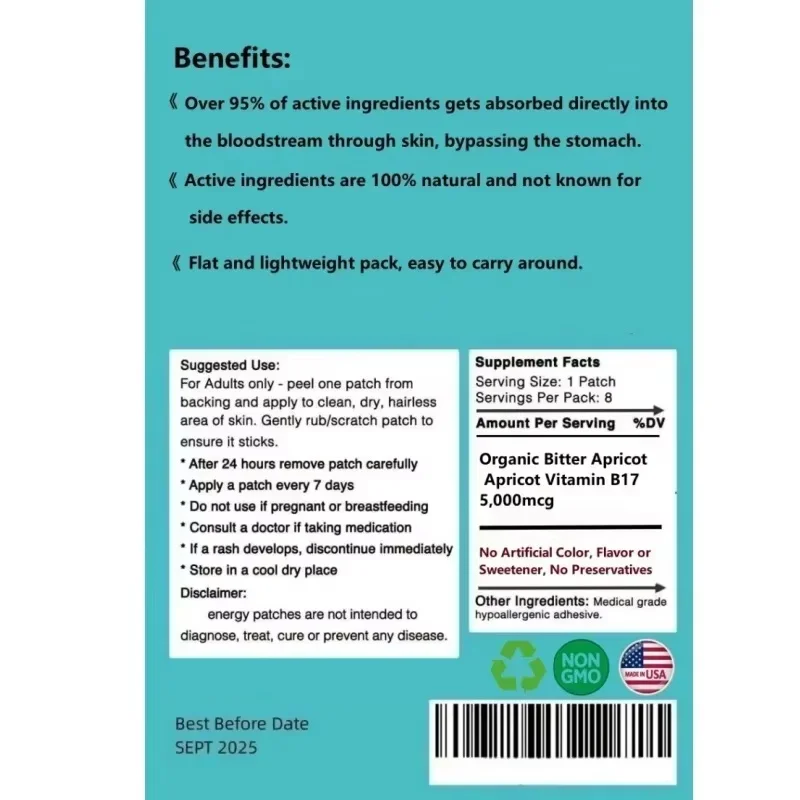 Organic Bitter Apricot Apricot Vitamin B17 Transdermal Patches, Made in USA, Easy to Use