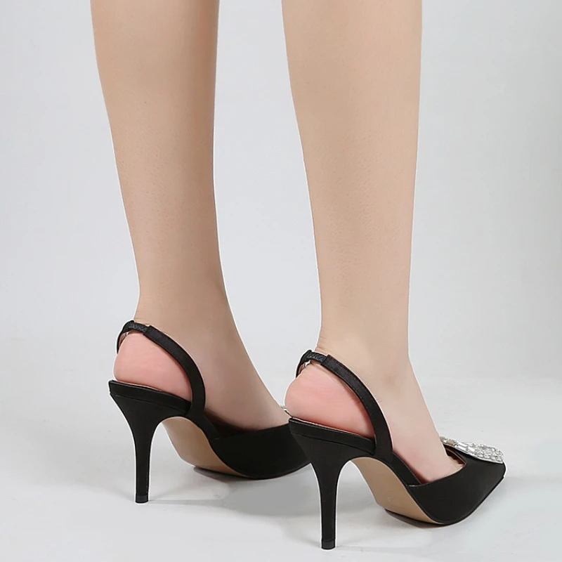 Elegant Rhinestone Satin Stiletto Heels Pointed Toe Women Sandals Summer Fashion Shoes