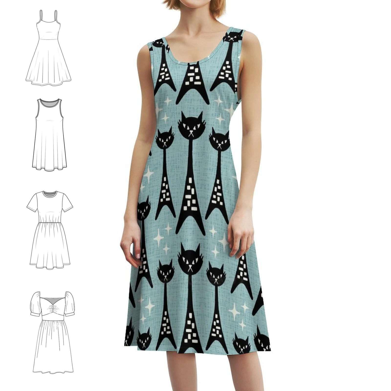 متعة منتصف القرن الحديثة القط نمط 359 الأسود والأزرق البوهيمي فستان بلا أكمام متعدد طباعة شاطئ عطلة فستان الحفلات الرجعية #2