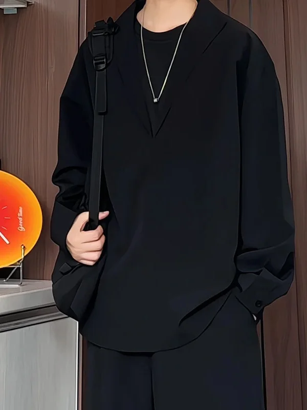 

Loose Fit V-Ne Long Sve irt Men Casual Faion Autumn Sle Patchwork Fake Two-Piece irt Comfortable Polyester Blend