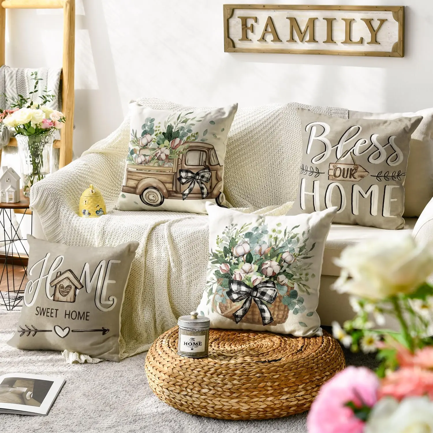 Home Sweet Home Sunflower Throw Pillow Covers, 18x18 Inch Spring Summer Seasonal Decorations for Sofa Couch Set of 4