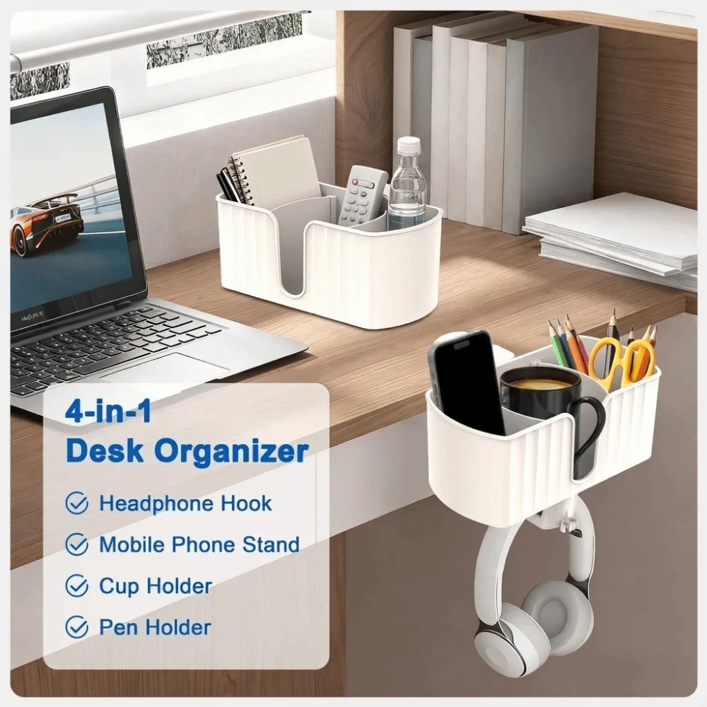 Plastic 4 in 1 Desk Headphone Hanger Detachable Space Saving Under Desk Cup Holder with 2 Wire Holes Rotating Headphone Holder