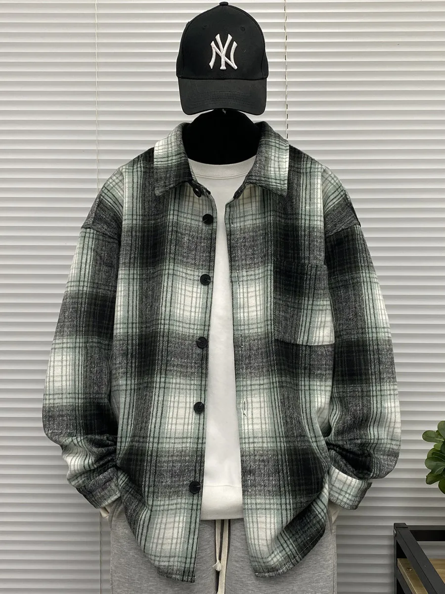 

Men's Oversize Casual Plaid Long Sve Floing irt Spring Autumn Wear Large Size Teenagers Faionable Outer Jaet