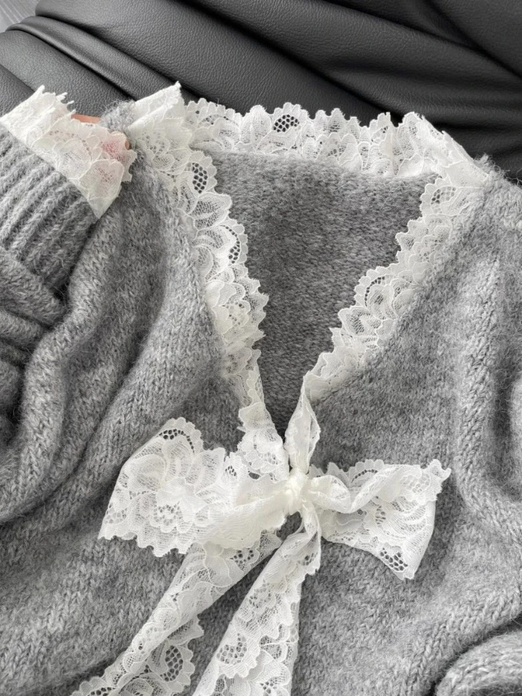 Y2K Japanese Loose Sweater Office Lady Autumn Winter Korean Fairy Bow Knitted Pullover Female Sweet Lace  Oversized Y2k Outfits