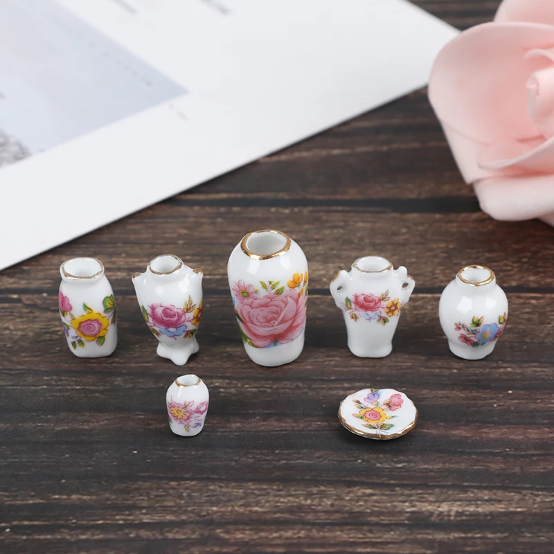 7Pcs 1:12 Dollhouse Miniature Porcelain Flower Vase Dolls House Accessories