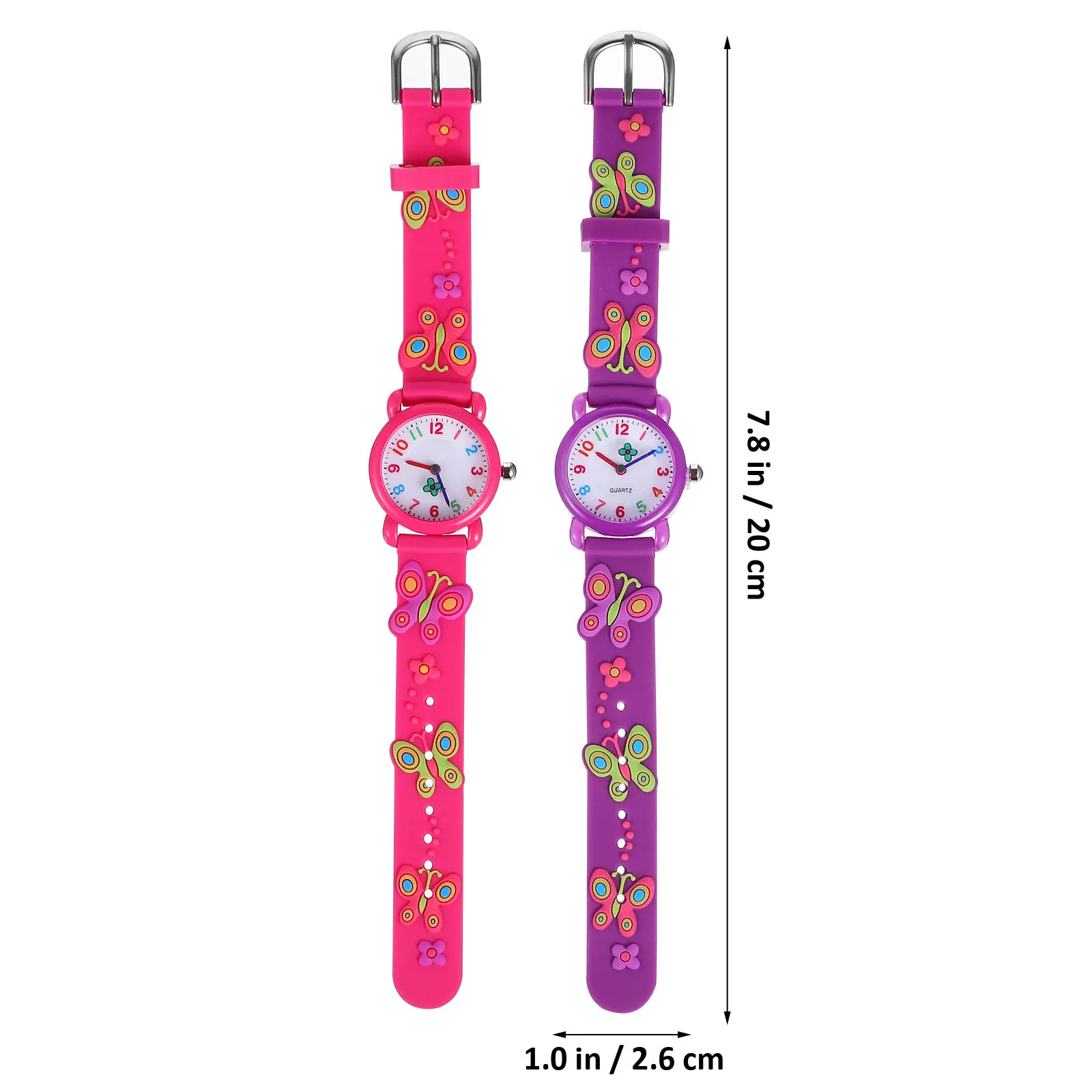 2Pcs Cartoon Waterproof Watches with 3D Butterflies Bright Arabic Numerals Round Dial Adjustable for