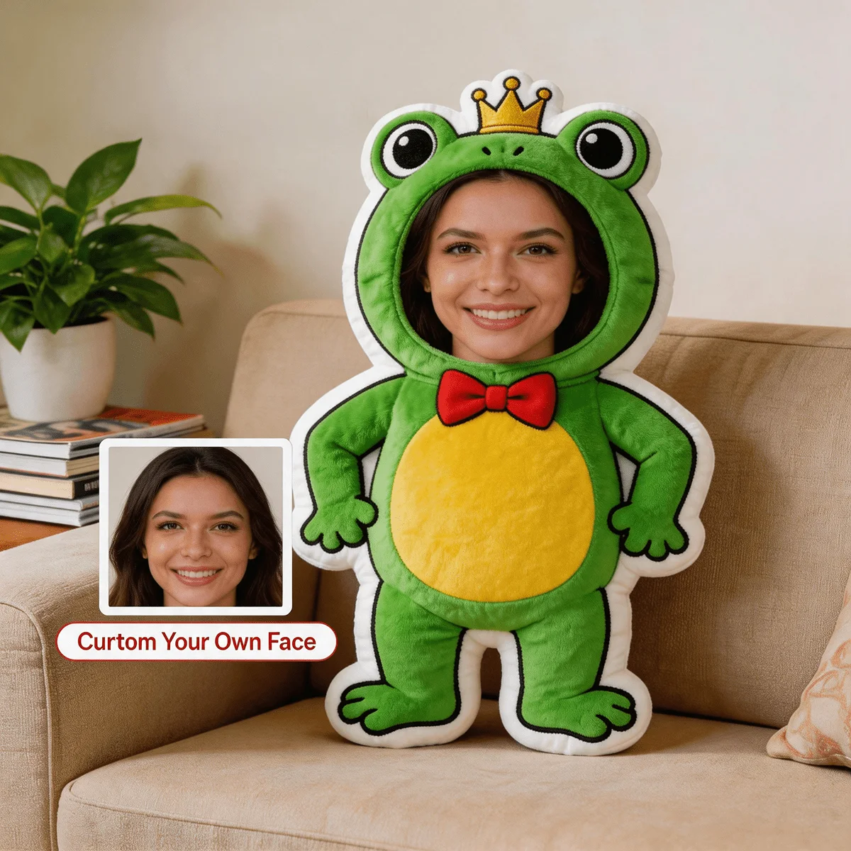 Custom Photo Frog Costume Pillow Personalized Green Portrait Shaped Decor Cushion Double Sided Print Gift for Birthday Halloween