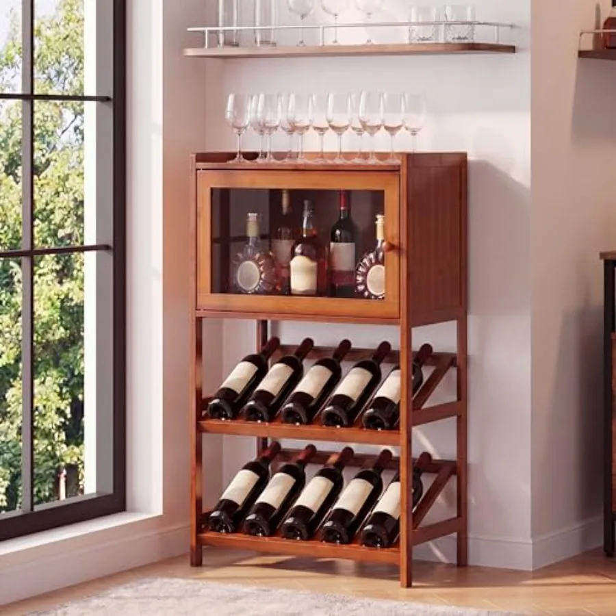 

3 Tier Rustic Wine Rack Freestanding Floor with Tabletop and Storage Cabinet, Wobble Free Bar Cabinet for Liquor and Glasses, B