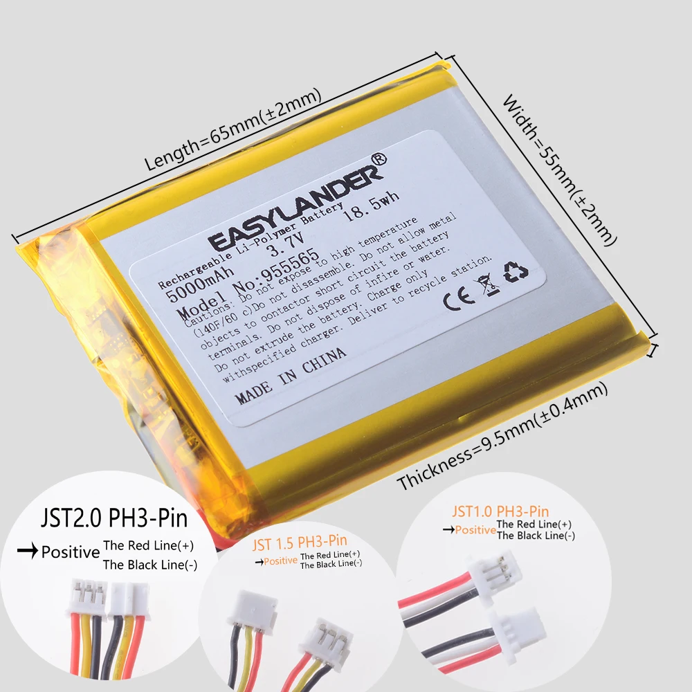 Silicone Wires 3Lines 955565 3.7V 5000mAh Rechargeable Lithium Li-ion Polymer Battery