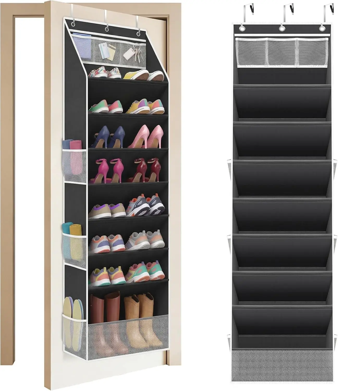 

8-ярусный органайзер для обуви на дверь с большими карманами, вмещает 16-24 пары, для хранения в шкафу и на двери - черный