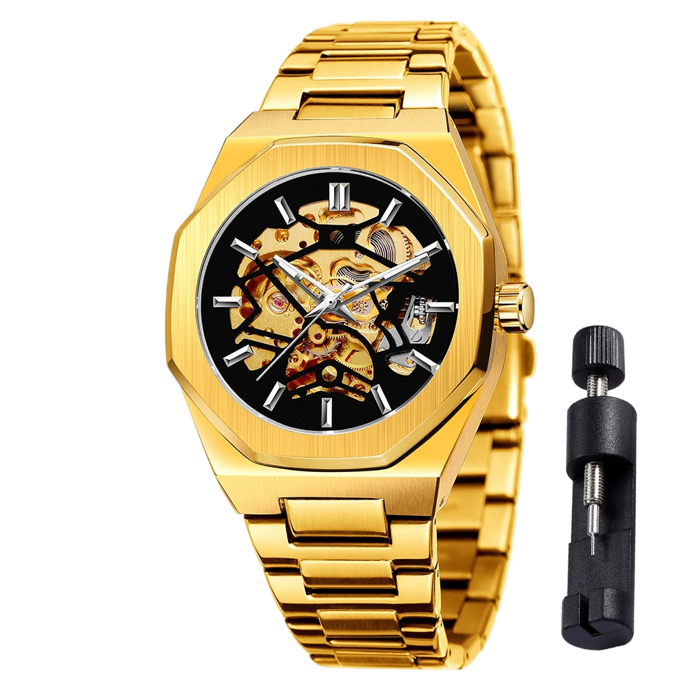 FORSINING Trendy Mens Watches Skeleton Polygon Automatic Mechanical Watch Luminous Pointer Casual Man Formal Business Wristwatch