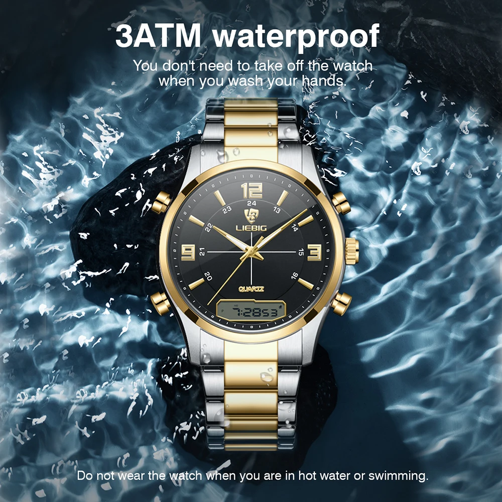 Digital Dual Time Week Gold Back Light Sport 3bar Waterproof Quartz Wristwatches Fashion Casual Watch Men Clock relogio masculin