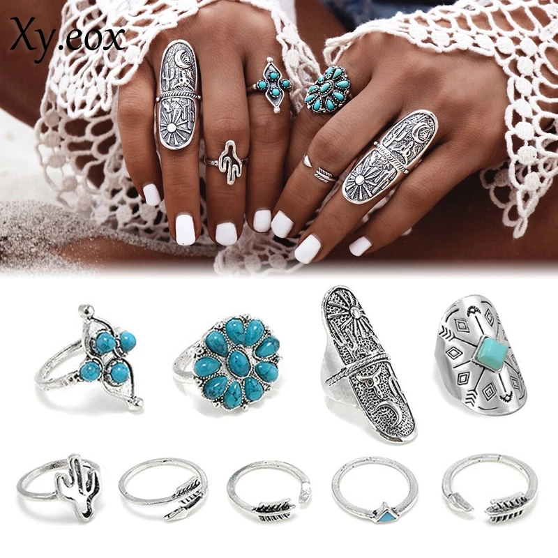 9pcs Boho Ethnic Alloy Turquoise Carved Above Knuckle Midi Open Finger Rings Set