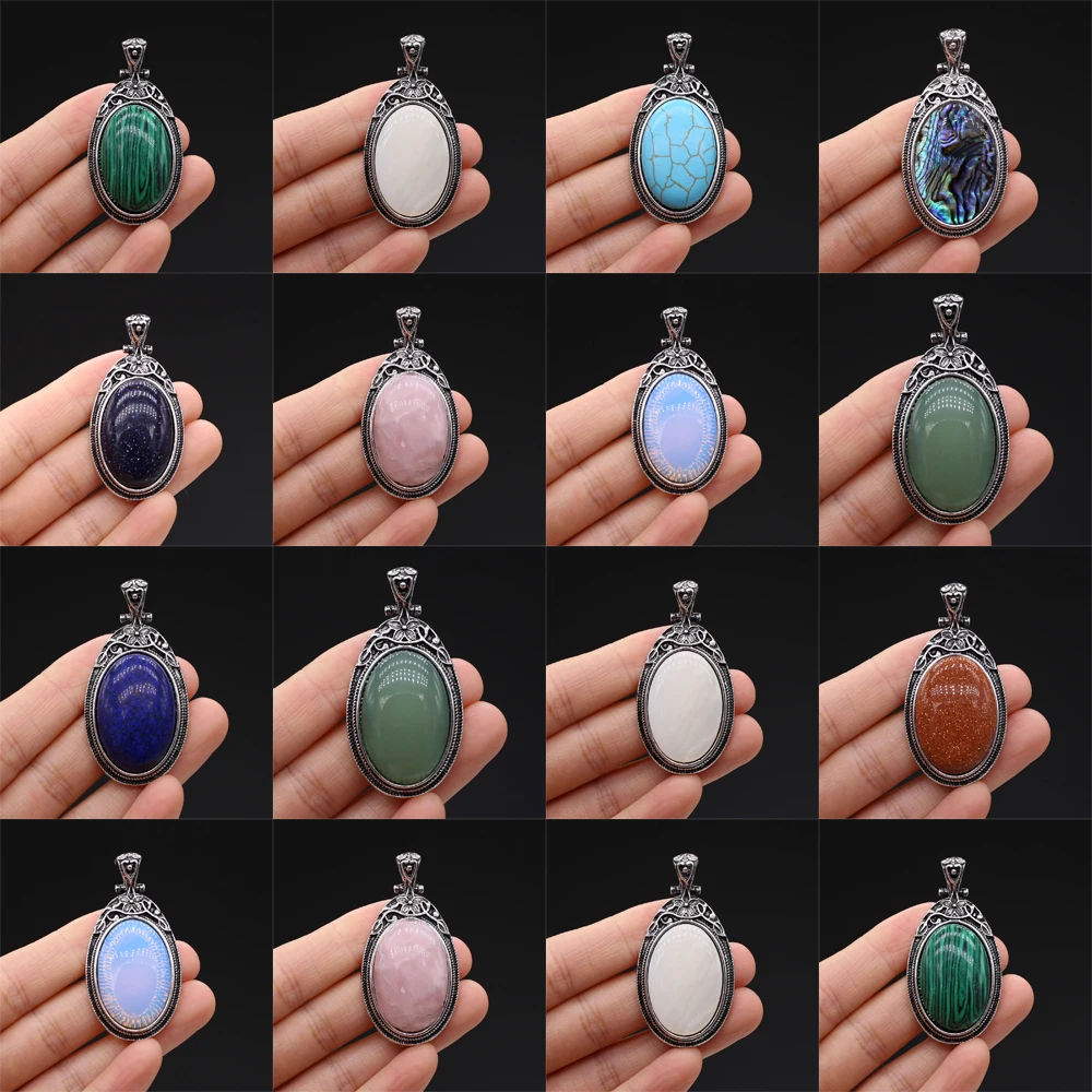 28x55mm Natural Stone Shell Oval Vintage Style Pendant Opal Rose Quartz Charms for Jewelry Making DIY Necklace Pendant Accessory