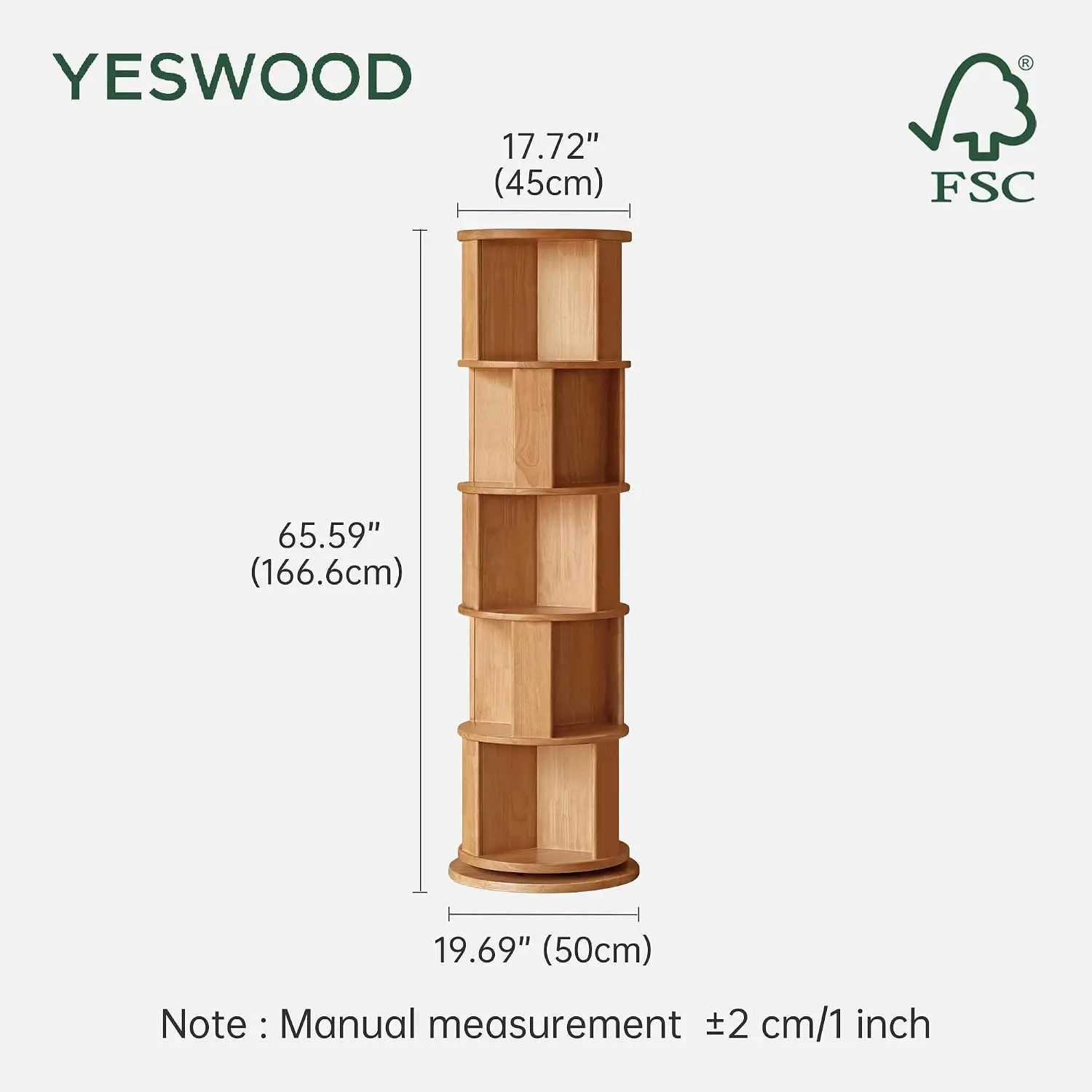 Solid Wood Rotating Bookshelf 5 Tier 360° Revolving Shelf Tower Floor Standing Storage Rack Home Office Bedroom, Customized