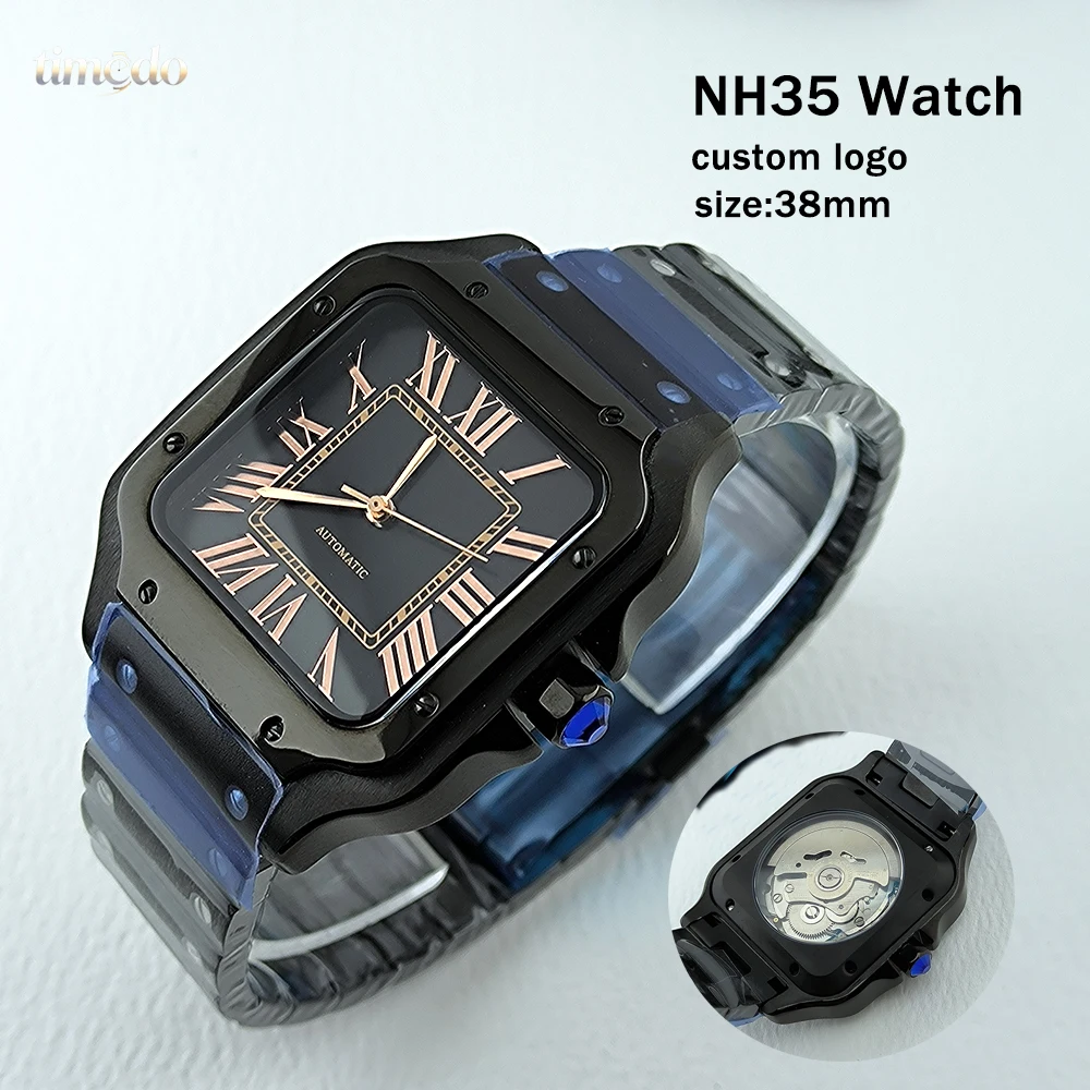 NH35 Black Watch 38mm High Quality Watch Men's Stainless Steel Automatic Watch Customized Logo Suitable for NH35 Movement Watch