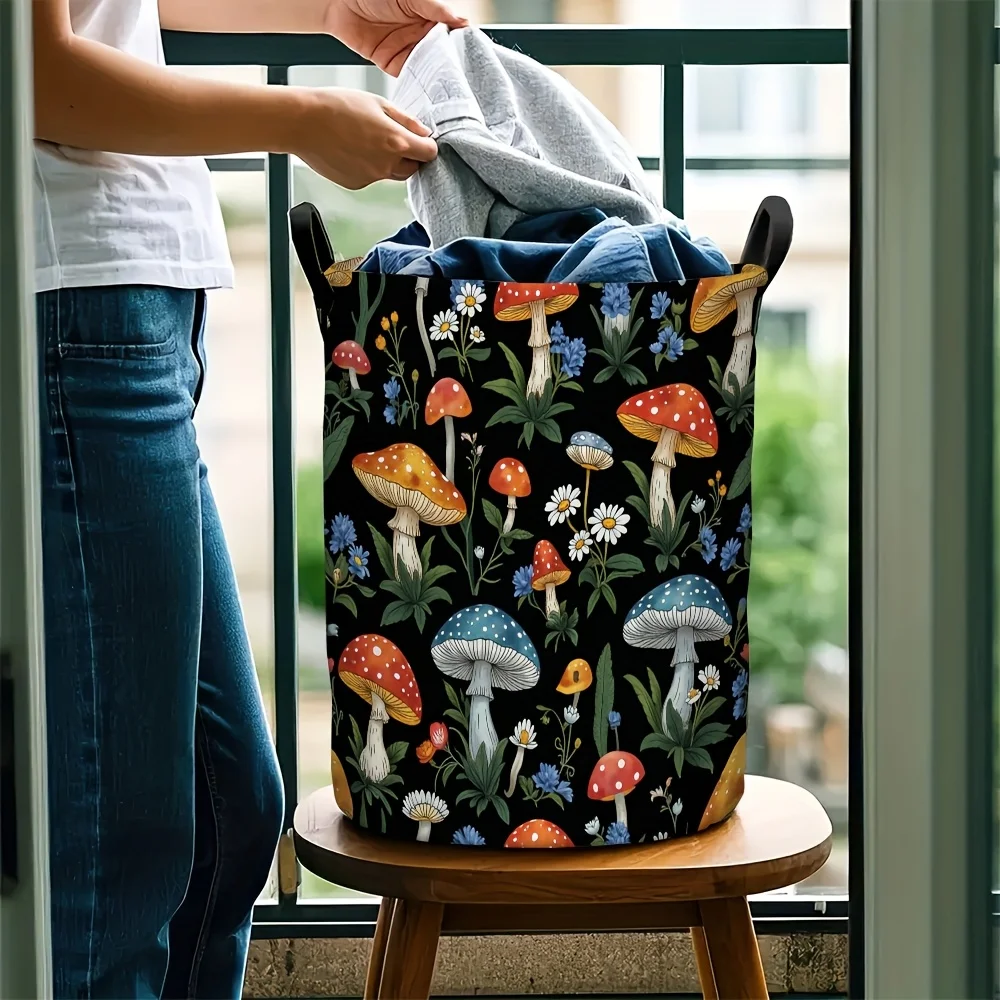 1 قطعة سلة غسيل قابلة للطي على شكل فطر ميدلي مع مقبض سلة تخزين متينة خفيفة الوزن، تصميم طباعة زهور الفطر النابضة بالحياة