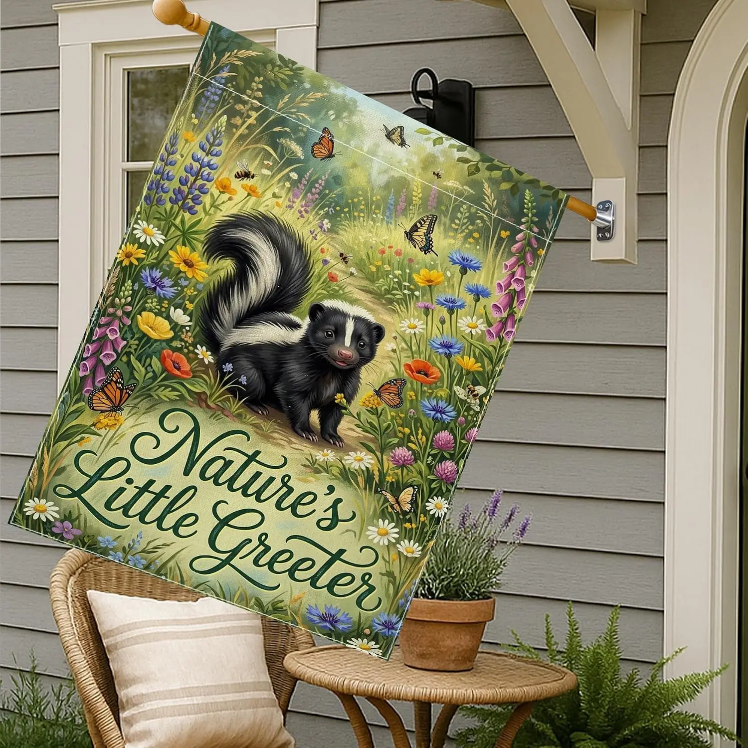 Skunk House Flag, Nature Fanciful Butterfly Flowers Spring Green Burlap Double Sided Front Porch Decorative Flags for Outdoo yyi