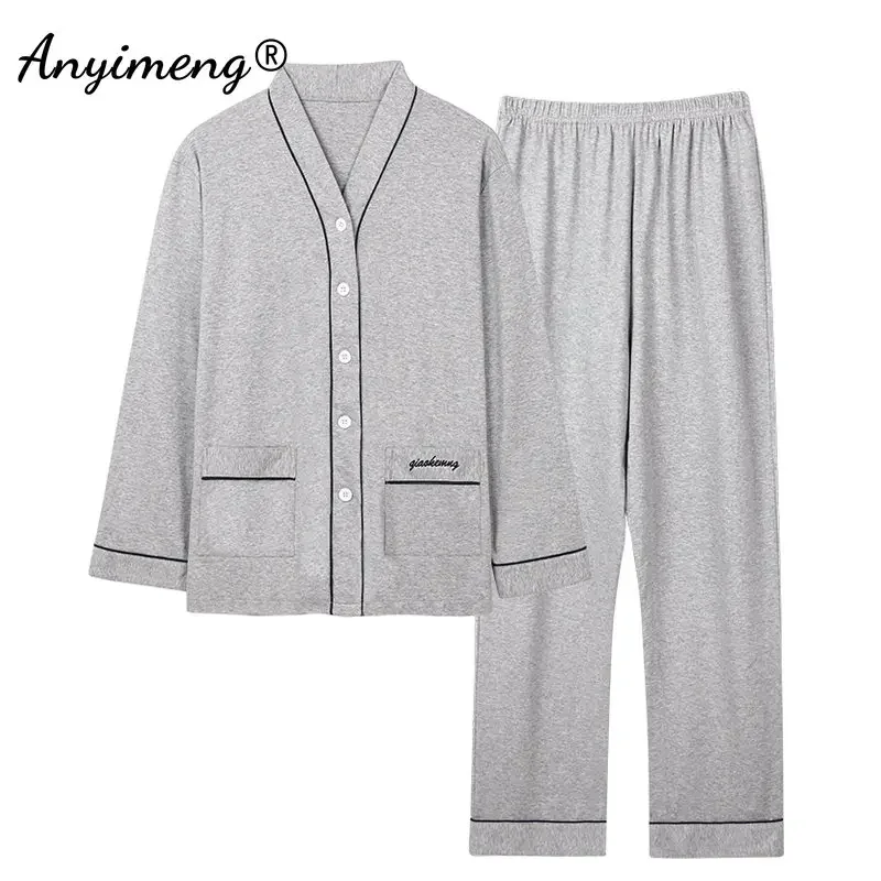 

Plus Size 4XL Pajamas for Men Autumn Winter Fashion Pijamas New Mens Leisure Sleepwear Soft Cotton Grey Plain Cardigan Pijamas