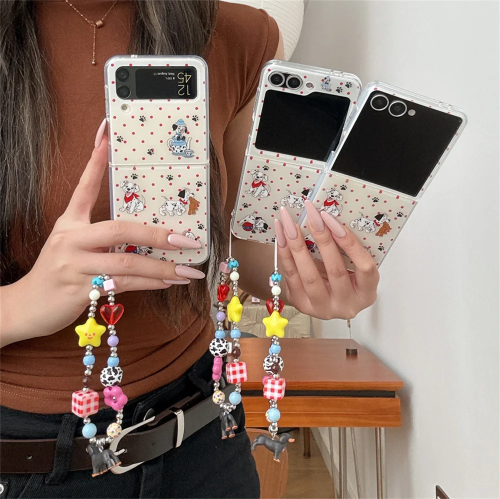 

Korean INS Fashion polka dot cute puppy bear Phone Case For Samsung Galaxy Z Flip7 FE Flip6 5 Flip5 4 3 cover with Chain Fundas