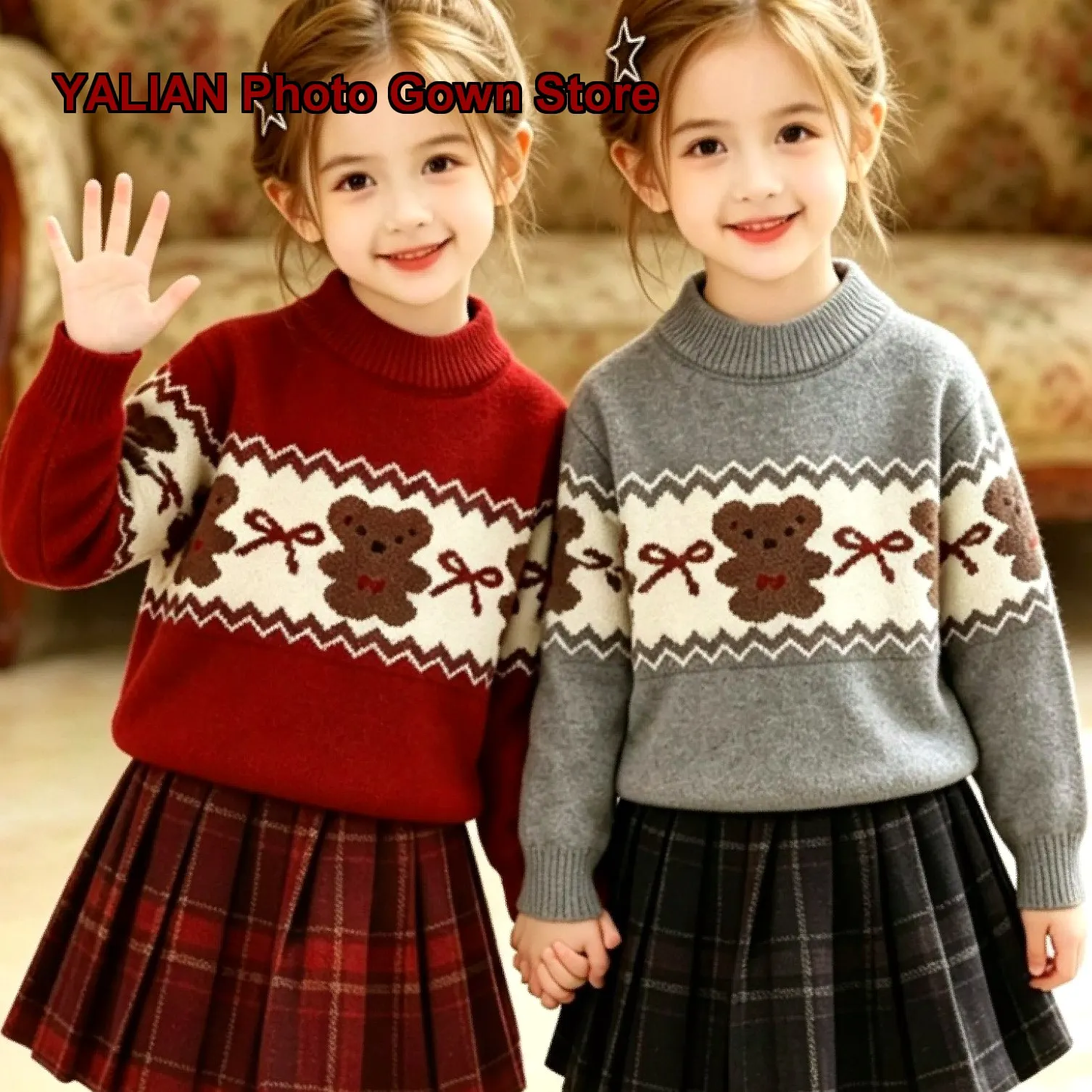 Girls Dress Set Christmas Bear Pattern Plaid Short Skirt Knit Top Solid Color Older Girls Holiday Outfit