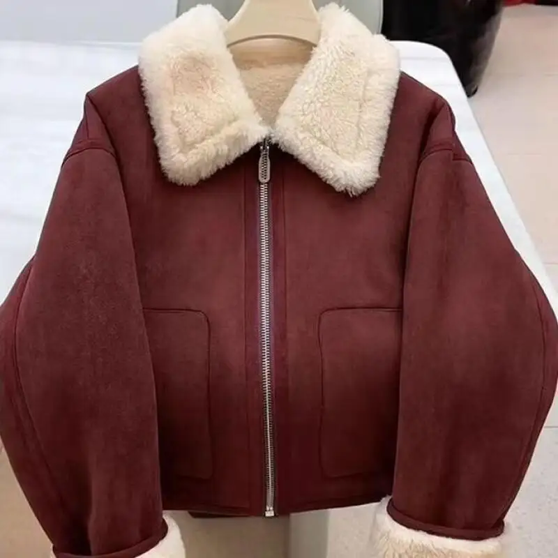 

Women's Winter Coat Red Atmosphere Flipped Collar Fleece Cotton Coat New Warm Slimming Cotton Jacket Fleece Lined Short Jacket