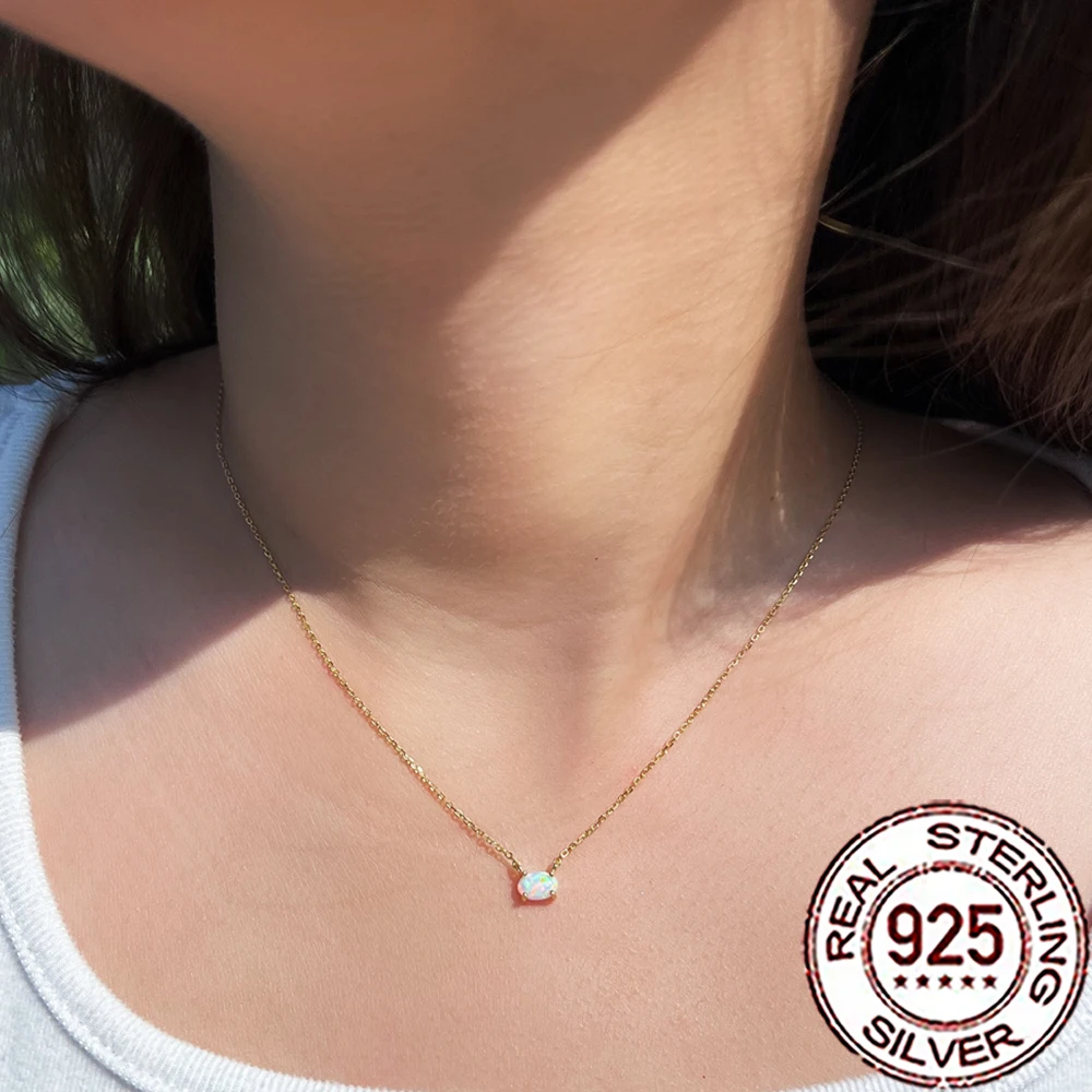 CWWZircons 925 Sterling Silver Delicate Mystical Oval Opal Pendant Necklaces for Women Gold Color Fine Party Daily Jewelry SD054