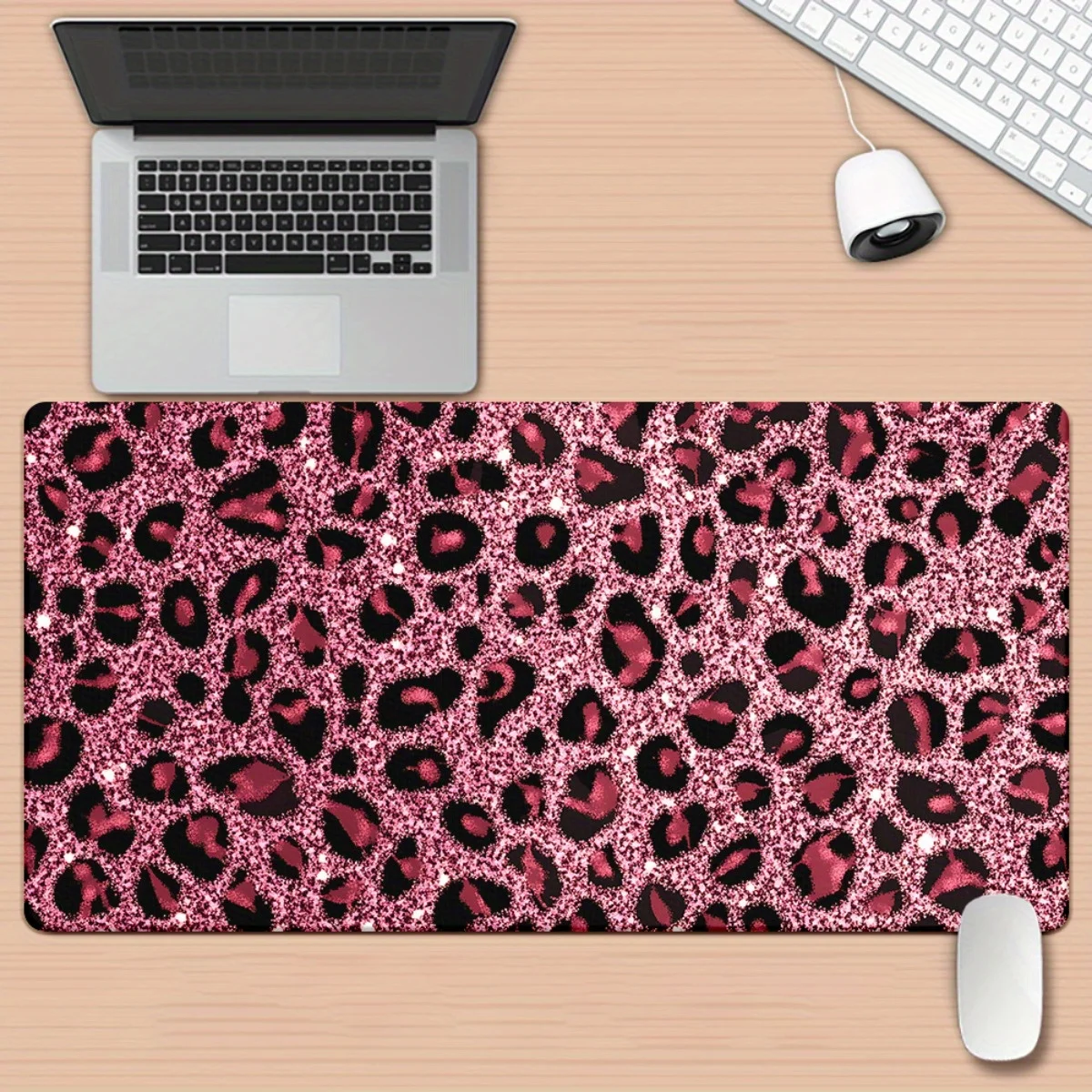 Pink Glitter Leopard Print XXL Gaming Mouse Pad Non-Slip Rubber Base Desk Mat for PC Office