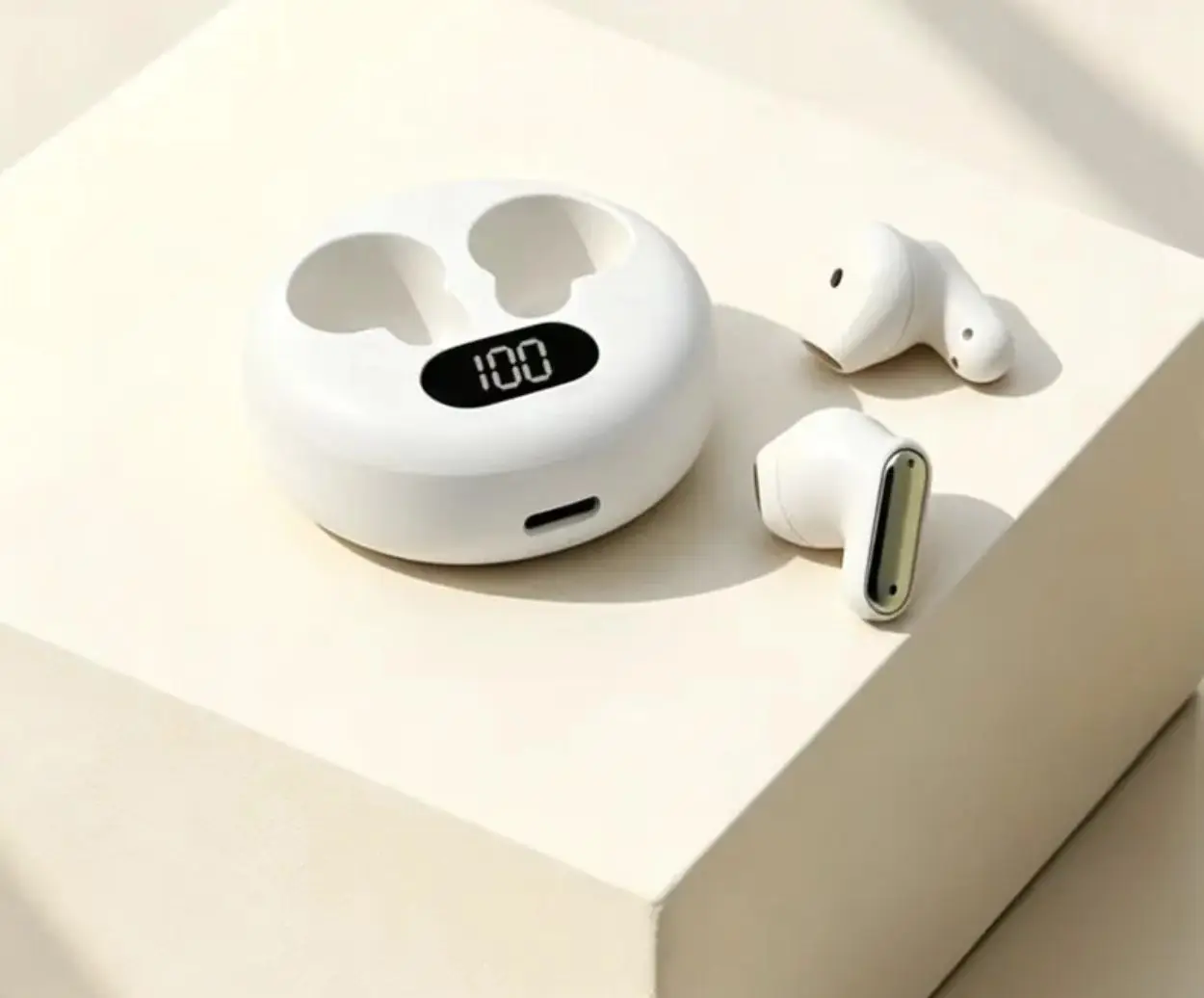 X19-TWS Wireless Bluetooth Earphones Leather Texture Round Charging Case LED Digital Display Semi In-ear Wireless Earbuds Touch