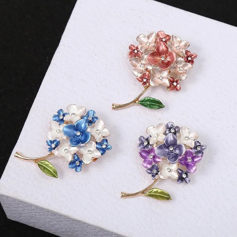 Beautifly-Broche De Flor De Hortênsia Esmalte Para Mulheres, Strass Encantador, Broche De Plantas De Flores, Pinos De Vestido De Roupas, Presentes De Jóias