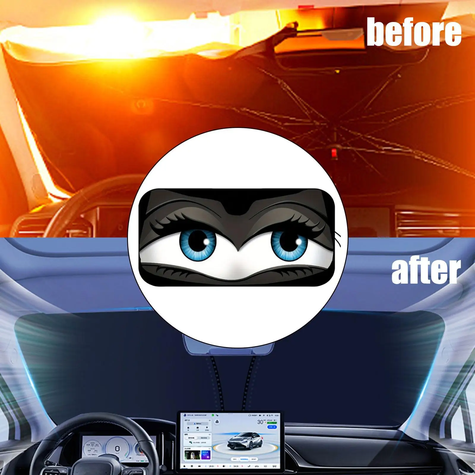 Windshield Sun Shade Easy Installation Black Fabric Funny Eyes Car Sun Visor Heat Shield for Universal Vehicle Cooling
