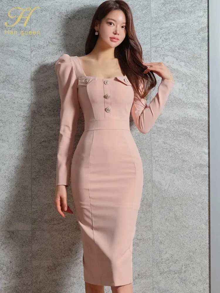 

H Han Queen Hot Sales Autumn Elegant Puff Sleeve Office Sheath Pencil Dress Women Korean Party Dresses Bodycon Vestidos Female