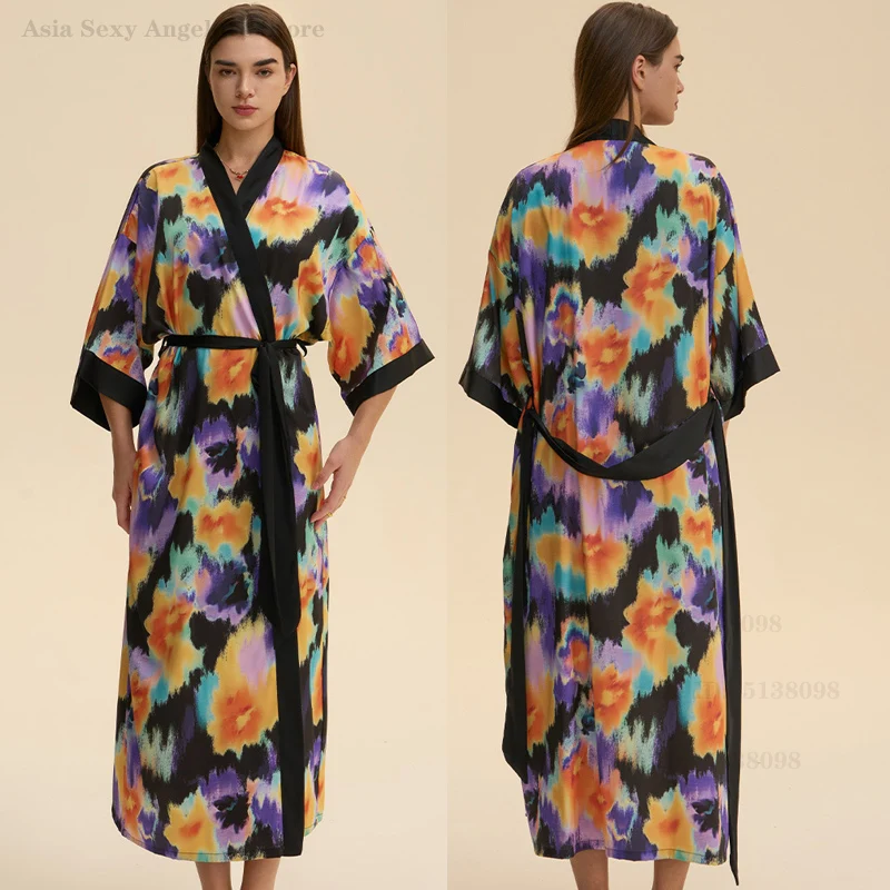 

Элегантный длинный халат с цветочным принтом, кимоно, утреннее платье, женская сексуальная одежда для сна, домашнее платье, свободная повседневная ночная рубашка, домашняя одежда