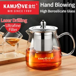 KAMJOVE Heat-resisting Glass Tea Pot,Press Art Tea Cup,304 Stainless Steel, Exquisite Filters,Hand-blown Glasses,Flower Tea Pot