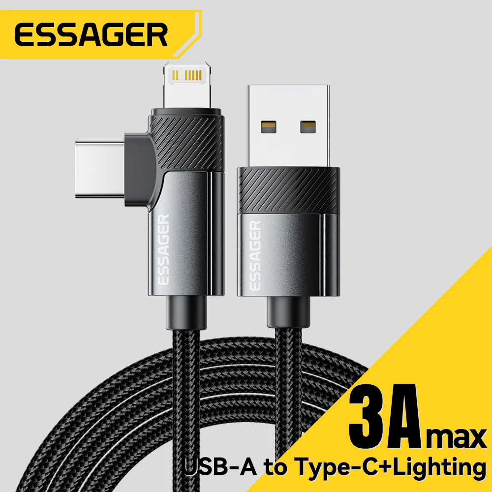 כבל טעינה מהירה 2 ב-1 Essager USB-A ל-Type-C/Lightning, זווית 90 מעלות