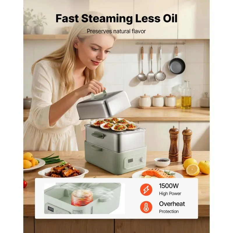Electric Steamer 13.7 QT 2-Layer Stainless Steel 1500W Automatic Vegetable Steamer, suitable for 3-6 people