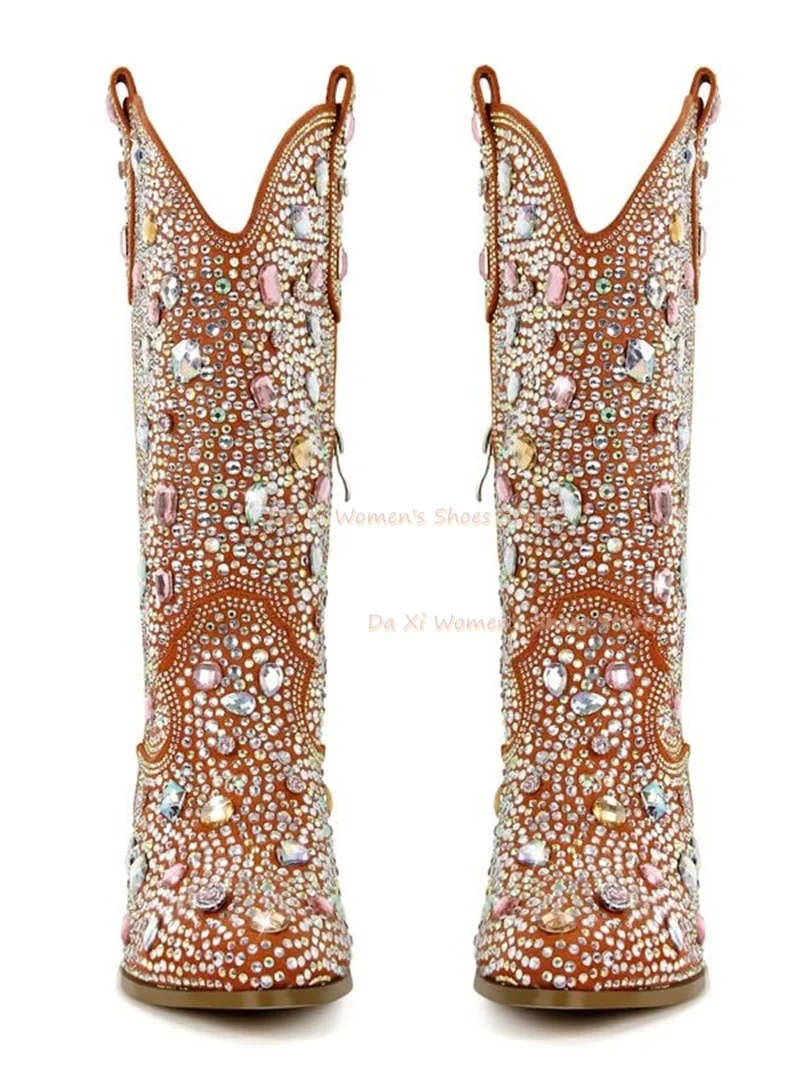 Vintage Cowgirl Boots for Women Multicolor Crystal Rhinestone Gem Embellished Pointed Toe Chunky Heel Mid Calf Western Boots Fes