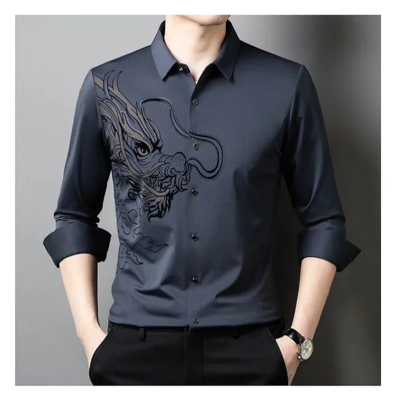 High End Mulberry Silk Shirt Men's Long Sleeved Spring Elastic Silk Seamless New Style Non Ironing Business Shirt Men's Clothing