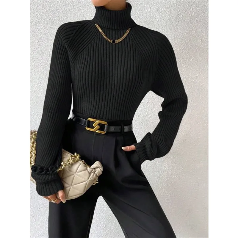 Women's Autumn Winter Sweaters New Fast Selling Loose High Neck Drop Shoulder Sleeves Knitted Pullover Sweater Warm Soft Tops