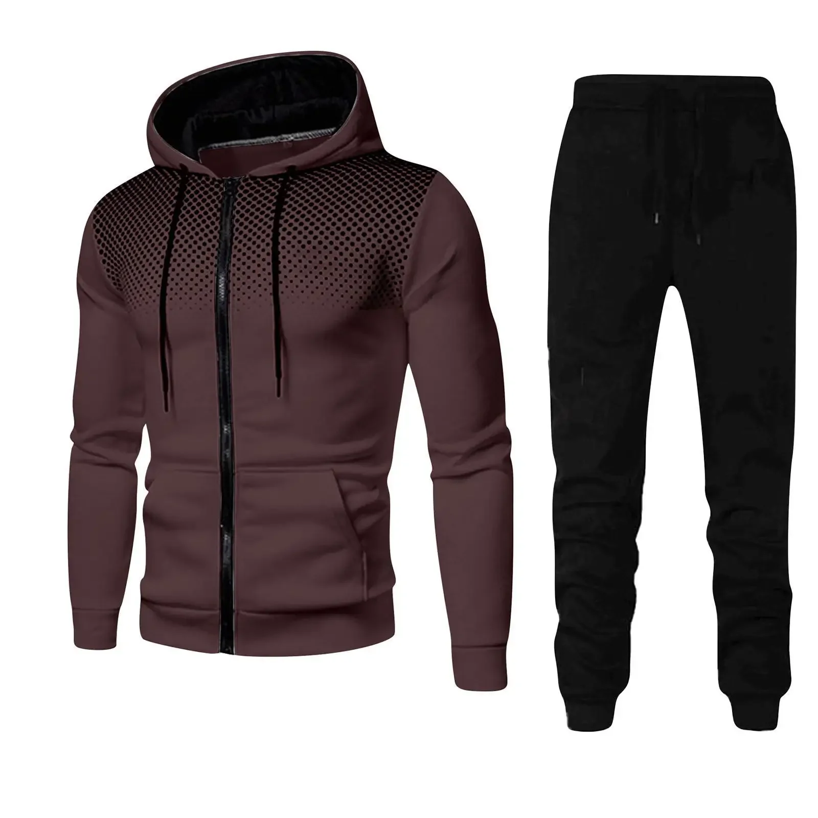 2025 New Men's Sports Set Spring and Autumn Outdoor Running Clothing Dot Print Zipper Hoodie Sports Pants Two Piece Set