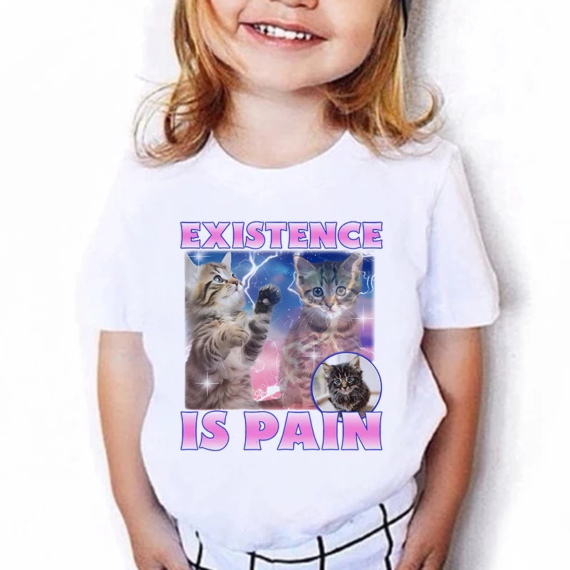 

Летняя весенняя мягкая футболка с принтом «Кот: Существование — это боль», забавная манга-футболка с котом, детская футболка для мальчиков и девочек, повседневный топ