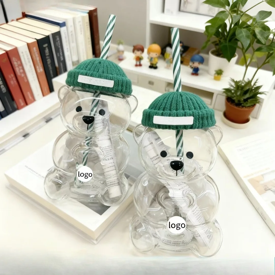 

Unique bear shaped cup, with optional logo printing, green hat matching, striped straw, and gift for friends